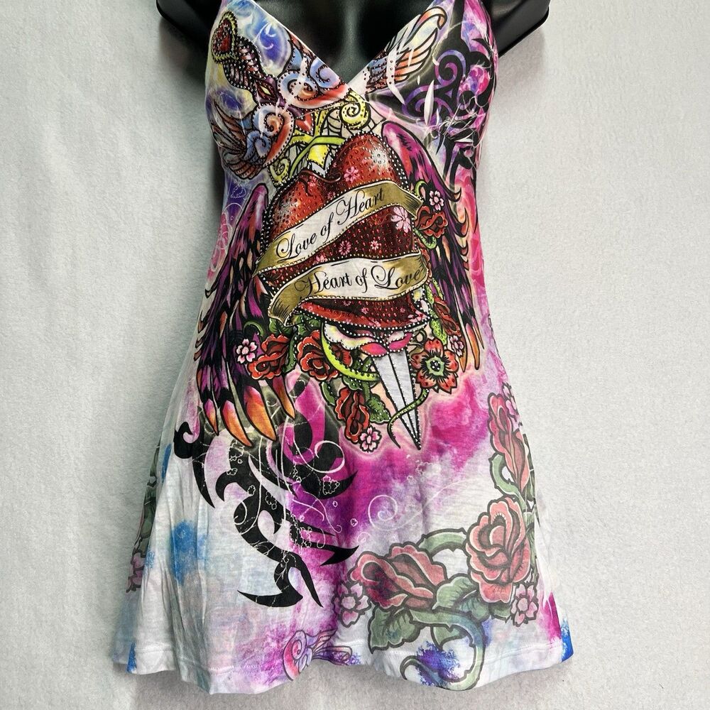 Y2K Tattoo Heart Angel Wings Rhinestone Cami Mini Dress Fairy Grunge Coquette S